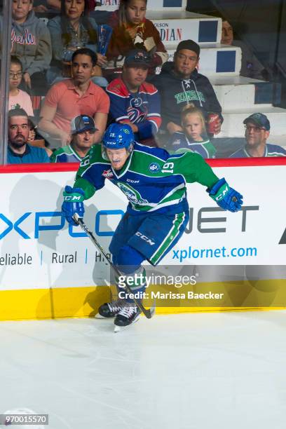 Beck Malenstyn of the Swift Current Broncos skates against the Regina Pats at Brandt Centre - Evraz Place on May 23, 2018 in Regina, Canada.