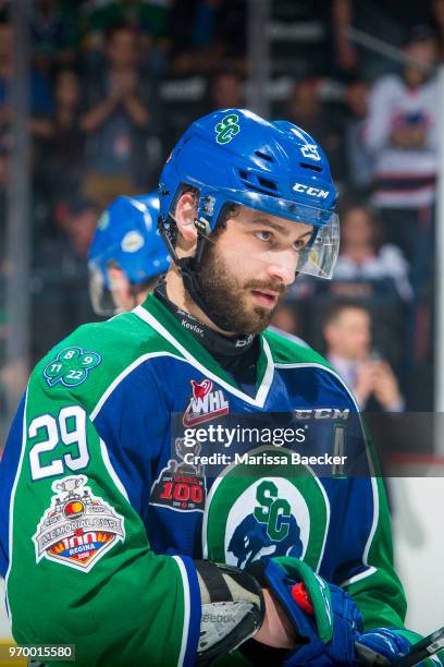 Giorgio Estephan of the Swift Current Broncos stands on the ice against the Regina Pats at Brandt Centre - Evraz Place on May 23, 2018 in Regina,...