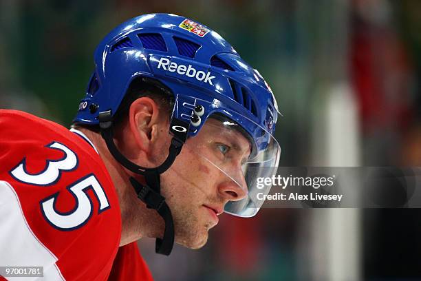 Jan Hejda of Czech Republic looks on prior to the ice hockey Men's Play-off qualification match between the Czech Republic and Latvia on day 12 of...