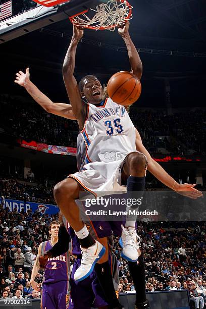 Kevin Durant of the Oklahoma City Thunder slam dunks the ball during a game against the Phoenix Suns on February 23, 2010 at the Ford Center in...