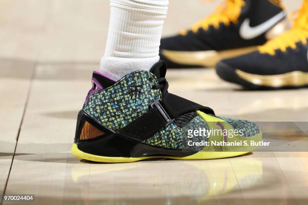 The sneakers of Nick Young of the Golden State Warriors in Game Four of the 2018 NBA Finals against the Cleveland Cavaliers on June 8, 2018 at...