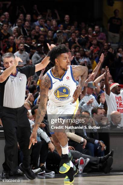 Nick Young of the Golden State Warriors reacts to a play in Game Four of the 2018 NBA Finals against the Cleveland Cavaliers on June 8, 2018 at...