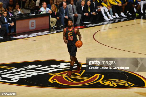 Jeff Green of the Cleveland Cavaliers handles the ball against the Golden State Warriors in Game Four of the 2018 NBA Finals on June 8, 2018 at...