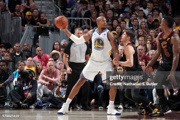 David West of the Golden State Warriors handles the ball against the Cleveland Cavaliers in Game Four of the 2018 NBA Finals on June 8, 2018 at...