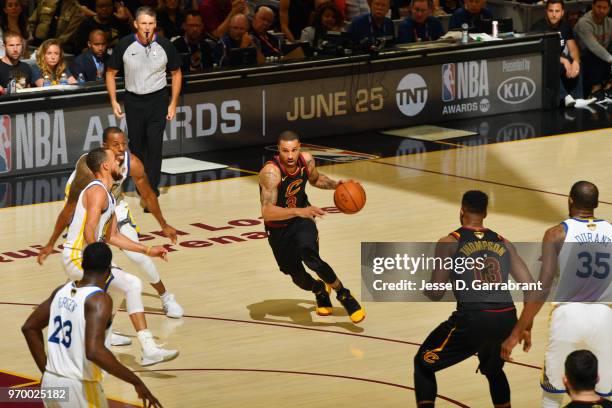George Hill of the Cleveland Cavaliers handles the ball against the Golden State Warriors in Game Four of the 2018 NBA Finals on June 8, 2018 at...