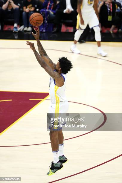 Nick Young of the Golden State Warriors shoots a 3-pointer in Game Four of the 2018 NBA Finals on June 8, 2018 at Quicken Loans Arena in Cleveland,...
