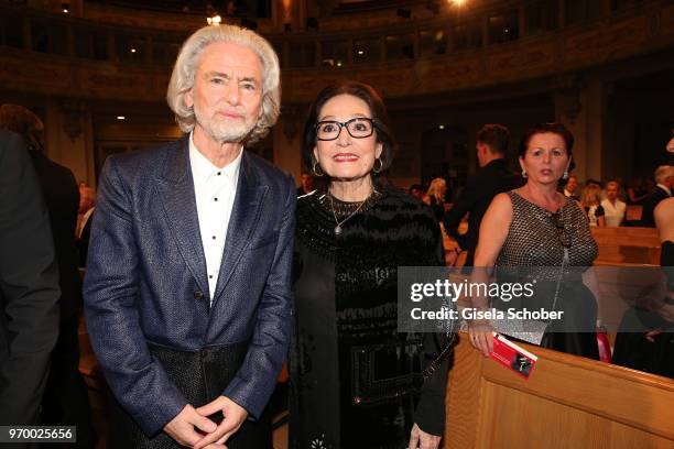 Hermann Buehlbecker, CEO Lambertz and Nana Mouskouri during the European Culture Awards TAURUS 2018 at Dresden Frauenkirche on June 8, 2018 in...