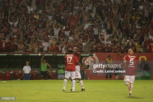 Players of internacional celebrate their second goal, scored by Alecsandro, during their soccer match against Emelec as part of 2010 Libertadores Cup...