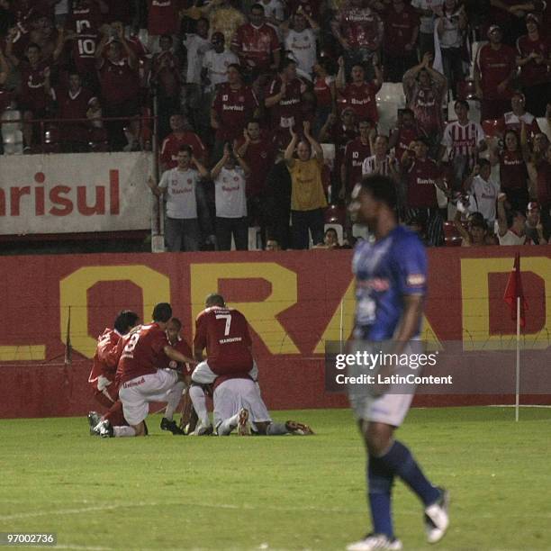 Players of internacional celebrate their second goal, scored by Alecsandro, during their soccer match against Emelec as part of 2010 Libertadores Cup...