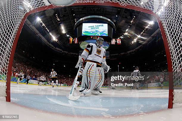 Thomas Greiss of Germany looks on during the ice hockey Men's Qualification Playoff game between Germany and Canada on day 12 of the Vancouver 2010...