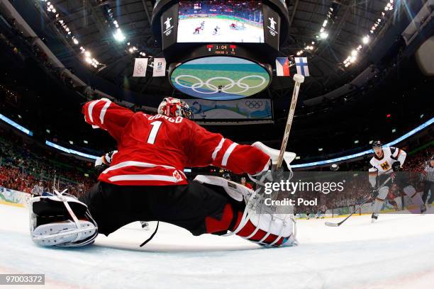 Goalie Roberto Luongo of Canada tends goal during the ice hockey Men's Qualification Playoff game between Germany and Canada on day 12 of the...