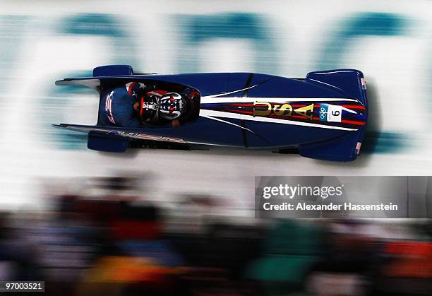 Erin Pac and Elana Meyers of the United States compete in United States 2 during the Women's Bobsleigh Heat XX on day 12 of the 2010 Vancouver Winter...