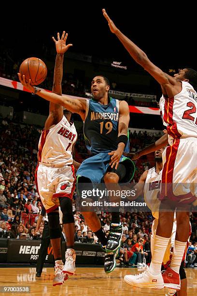 Wayne Ellington of the Minnesota Timberwolves shoots against the Miami Heat on February 23, 2010 at American Airlines Arena in Miami, Florida. NOTE...