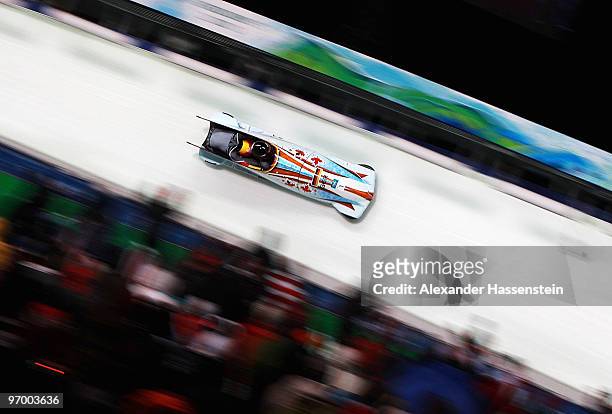 Sandra Kiriasis and Christin Senkel of Germany compete in Germany 1 during the Women's Bobsleigh race on day 12 of the 2010 Vancouver Winter Olympics...