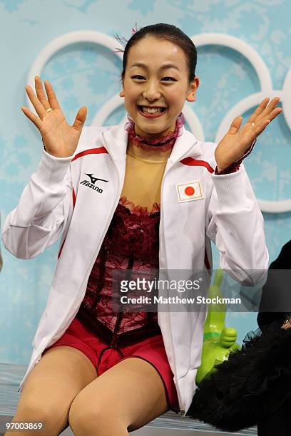 Mao Asada of Japan sits in the kiss and cry area in the Ladies Short Program Figure Skating on day 12 of the 2010 Vancouver Winter Olympics at...