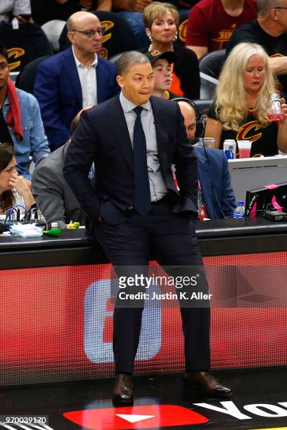 Tyronn Lue of the Cleveland Cavaliers looks on in the first half against the Golden State Warriors during Game Four of the 2018 NBA Finals at Quicken...