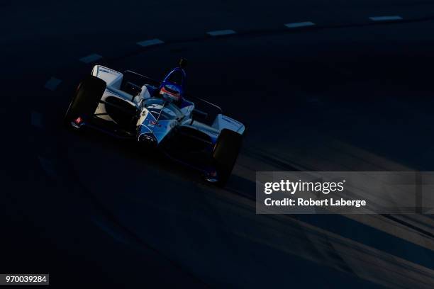 Takuma Sato, driver of the ABeam Consulting Honda, practices for the Verizon IndyCar Series DXC Technology 600 at Texas Motor Speedway on June 8,...