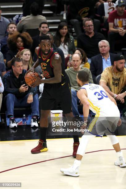 Jeff Green of the Cleveland Cavaliers handles the ball against the Golden State Warriors in Game Four of the 2018 NBA Finals on June 8, 2018 at...