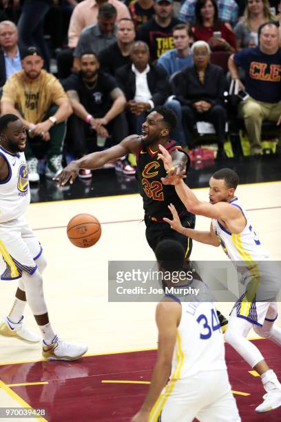 Jeff Green of the Cleveland Cavaliers handles the ball against Stephen Curry of the Golden State Warriors in Game Four of the 2018 NBA Finals on June...