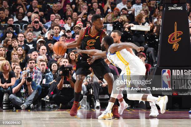 Jeff Green of the Cleveland Cavaliers handles the ball against the Golden State Warriors during Game Four of the 2018 NBA Finals on June 8, 2018 at...