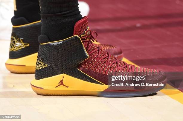 The sneakers of Jeff Green of the Cleveland Cavaliers are seen during the game against the Golden State Warriors during Game Four of the 2018 NBA...