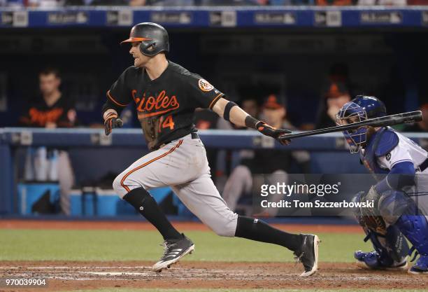 Craig Gentry of the Baltimore Orioles hits a single in the eighth inning during MLB game action against the Toronto Blue Jays at Rogers Centre on...