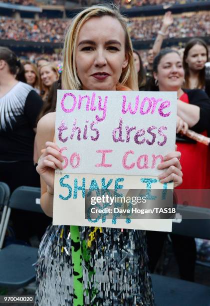 Taylor Swift fan poses during the Taylor Swift reputation Stadium Tour at Etihad Stadium on June 8, 2018 in Manchester, England.