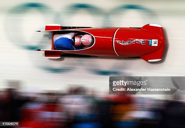 Jessica Gillarduzzi and Laura Curione of Italy compete in Italy 1 during the Women's Bobsleigh race on day 12 of the 2010 Vancouver Winter Olympics...