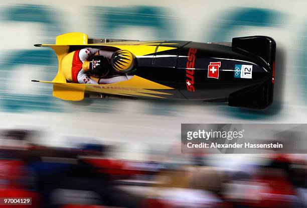 Fabienne Meyer and Hanne Schenk of Switzerland compete in Switzerland 2 during the Women's Bobsleigh race on day 12 of the 2010 Vancouver Winter...