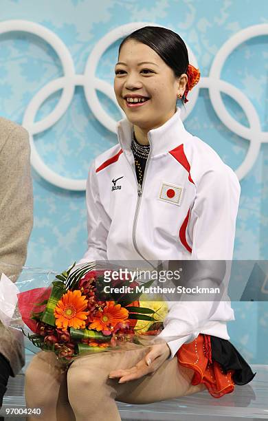 Akiko Suzuki of Japan sits in the kiss and cry area in the Ladies Short Program Figure Skating on day 12 of the 2010 Vancouver Winter Olympics at...