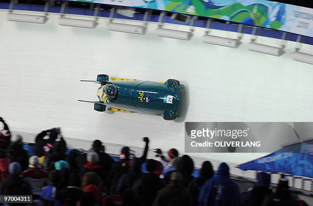 The Australia-1 women's bobsleigh piloted by Astrid Loch-Wilkinson during an official training session at the Whistler sliding centre during the...