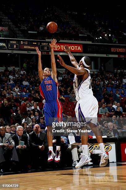 Tayshaun Prince of the Detroit Pistons shoots the ball over Dominic McGuire of the Sacramento Kings on February 23, 2010 at ARCO Arena in Sacramento,...