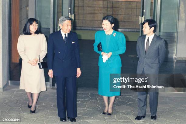 Emperor Akihito, Empress Michiko, Crown Prince Naruhito and Princess Sayako are seen on departure for the Imperial Palace to meet Empress Kojun at...