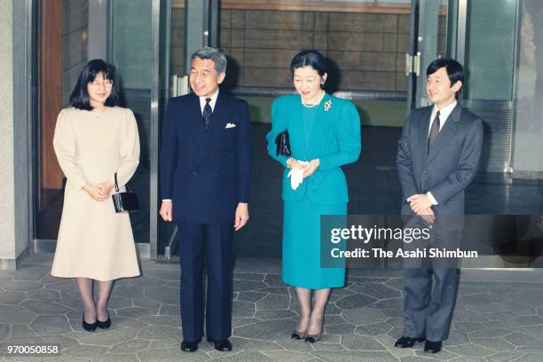 Emperor Akihito, Empress Michiko, Crown Prince Naruhito and Princess Sayako are seen on departure for the Imperial Palace to meet Empress Kojun at...