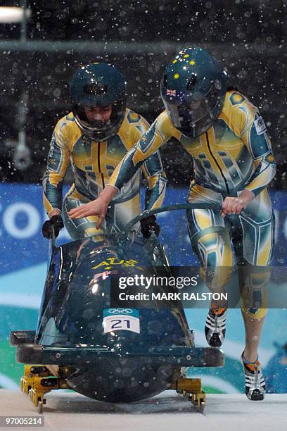 The Australia-1 women's bobsleigh piloted by Astrid Loch-Wilkinson during an official training session at the Whistler sliding centre during the...