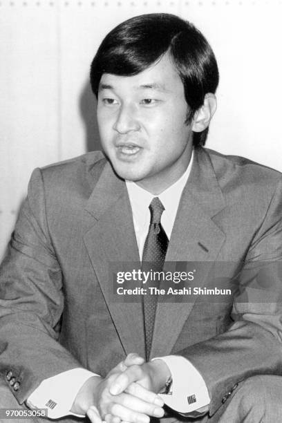 Crown Prince Naruhito speaks during a press conference ahead of his visit to Belgium at the Akasaka Palace on September 21, 1989 in Tokyo, Japan.