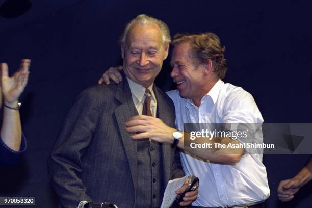 Former First Secretary of the Communist Party Alexander Dubcek and Vaclav Havel hug after the Communist Party of Czechoslovakia General Secretary...