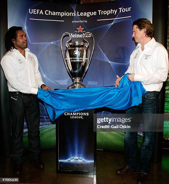 Christian Karembeu and Steven McManaman unveil the UEFA Champions League Trophy at the Heineken Brings UEFA Champions League Trophy at The Lansdowne...