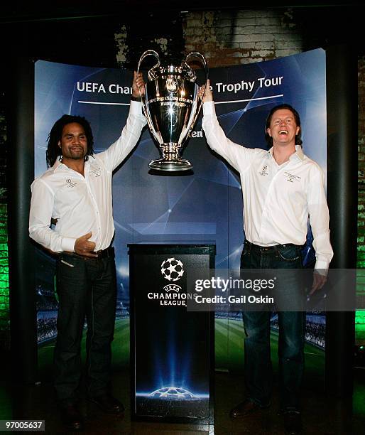 Christian Karembeu and Steven McManaman unveil the UEFA Champions League Trophy at the Heineken Brings UEFA Champions League Trophy at The Lansdowne...