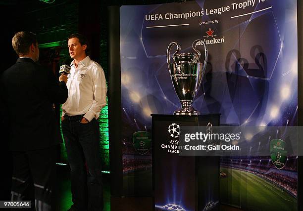 Steven McManaman is interviewed during the Heineken Brings UEFA Champions League Trophy at The Lansdowne on February 23, 2010 in Boston,...