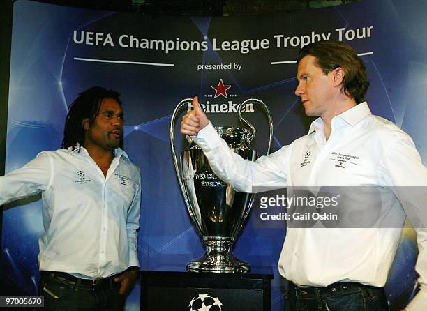 Christian Karembeu and Steven MCmanaman at the Heineken Brings UEFA Champions League Trophy at The Lansdowne on February 23, 2010 in Boston,...