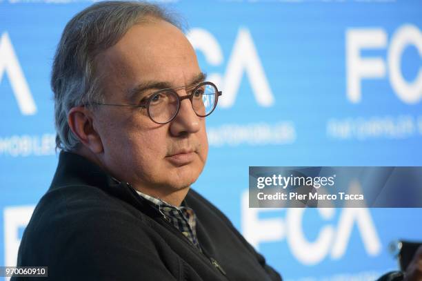 Of FCA Sergio Marchionne speaks during the FCA Fiat Chrysler Automobiles Industrial Plan 2019-2022 Press Conference on June 1, 2018 in Vercelli,...