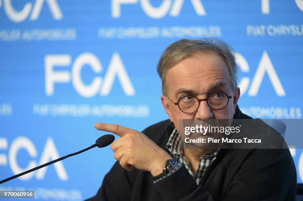 Of FCA Sergio Marchionne speaks during the FCA Fiat Chrysler Automobiles Industrial Plan 2019-2022 Press Conference on June 1, 2018 in Vercelli,...