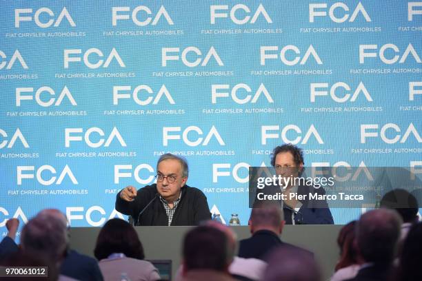 Of FCA Sergio Marchionne and President of FCA John Elkann attend the FCA Fiat Chrysler Automobiles Industrial Plan 2019-2022 Press Conference on June...