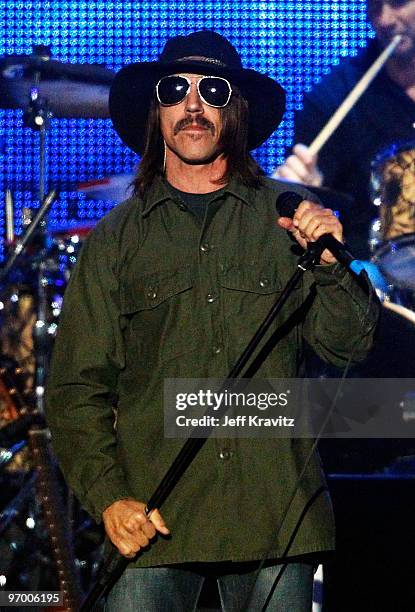 Musician Anthony Kiedis of the band Red Hot Chili Peppers performs at 2010 MusiCares Person Of The Year Tribute To Neil Young at the Los Angeles...
