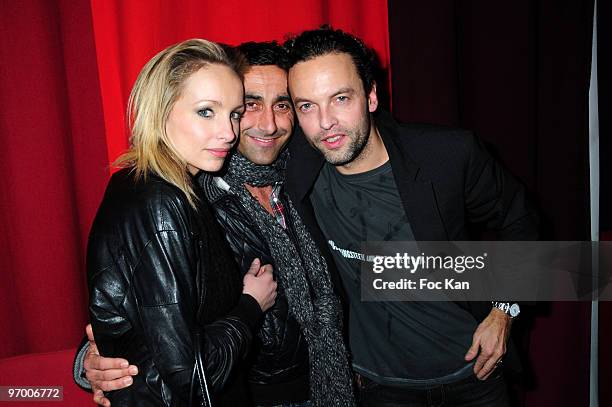 Journalists Anne Denis, Olivier Benkemoun and actor Patrick Mille attend the Patrick Mille and Justine Levy Party at the Murano Hotel on February 4,...