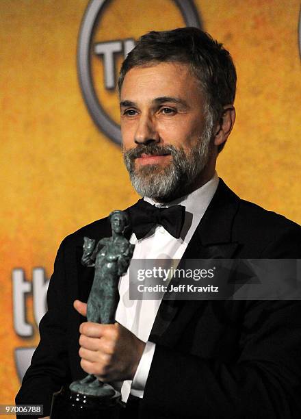 Actor Christoph Waltz poses in the press room at the 16th Annual Screen Actors Gulld Awards held at The Shrine Auditorium on January 23, 2010 in Los...