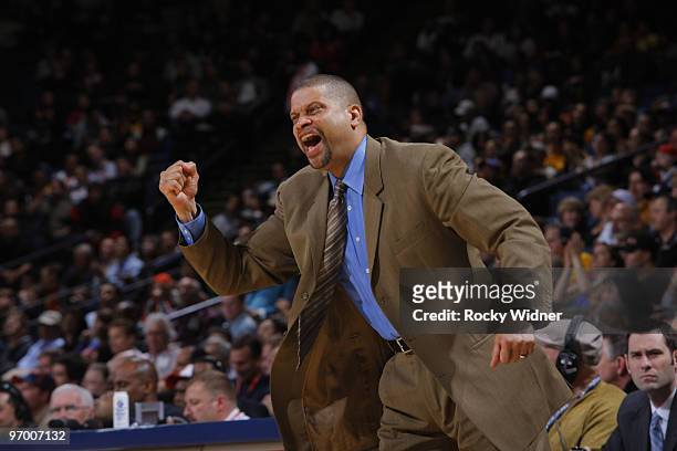 Coach Eddie Jordan of the Philadelphia 76ers yells out a play in a game against the Golden State Warriors on February 23, 2010 at Oracle Arena in...