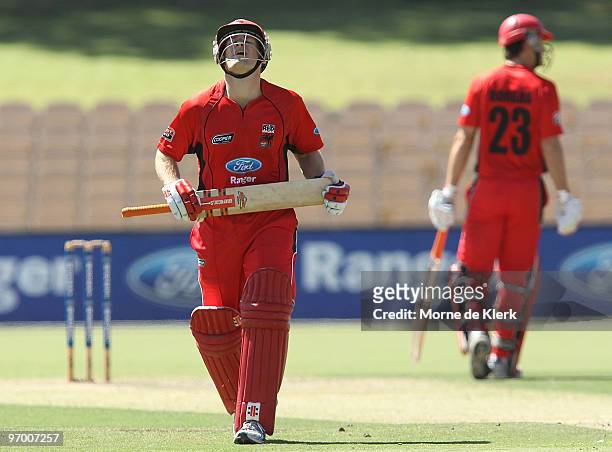 Redbacks player Daniel Harris walks off disappointed after getting out during the Ford Ranger Cup match between the South Australian Redbacks and the...