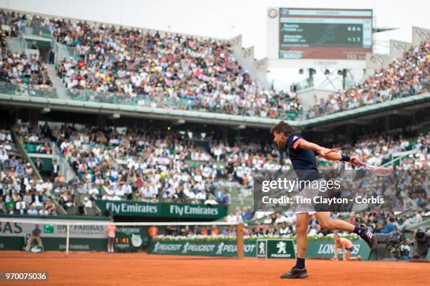 June 5. French Open Tennis Tournament - Day Ten. Dominic Thiem of Austria in action against Alexander Zverev of Germany on Court Philippe-Chatrier in...